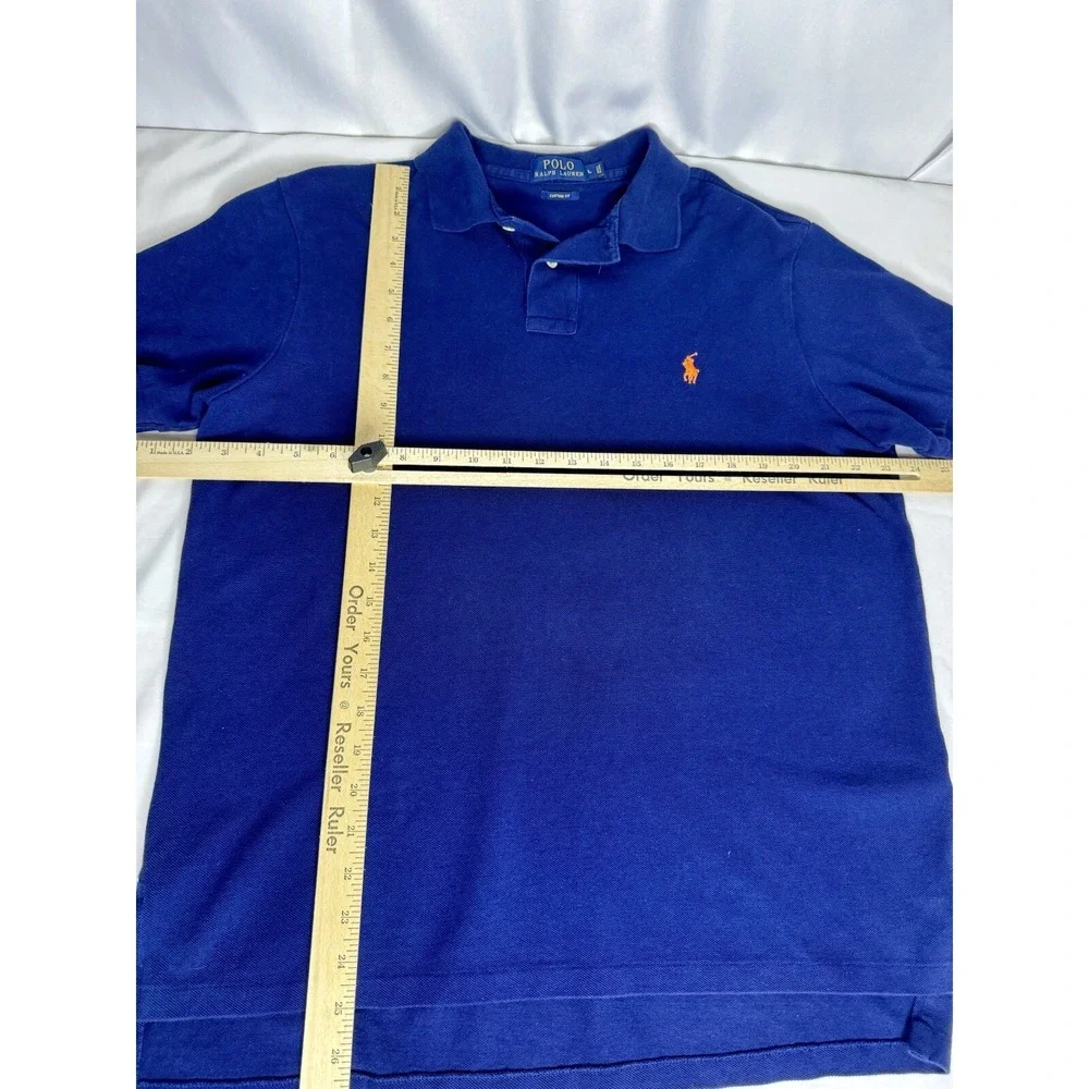 Polo Ralph Lauren Polo Shirt Men Large Navy Blue Custom Fit Orange Pony Pique‎